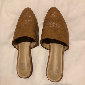 Woven faux leather slip ons